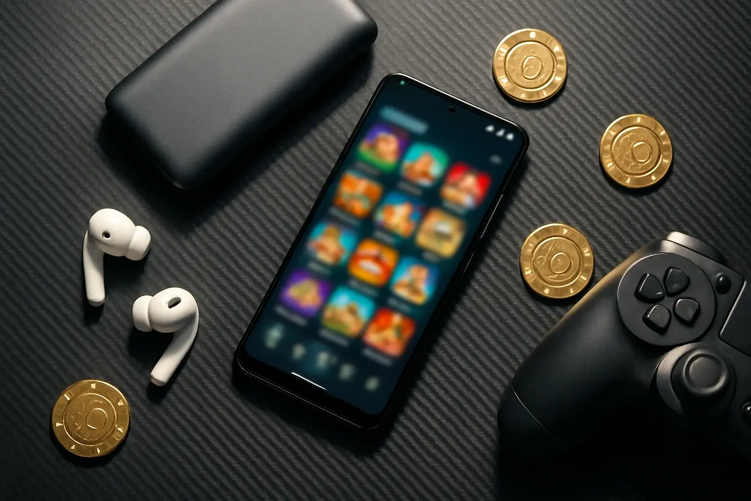Ultra-realistic flat-lay of Android phone with casino app and accessories