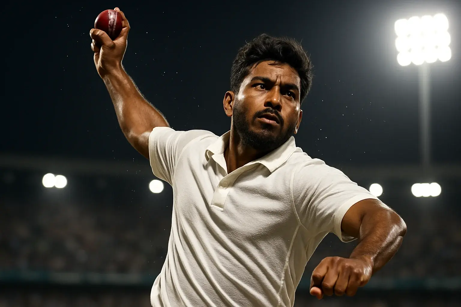 Ultra-realistic Bangladeshi male cricket bowler delivering ball under stadium lights