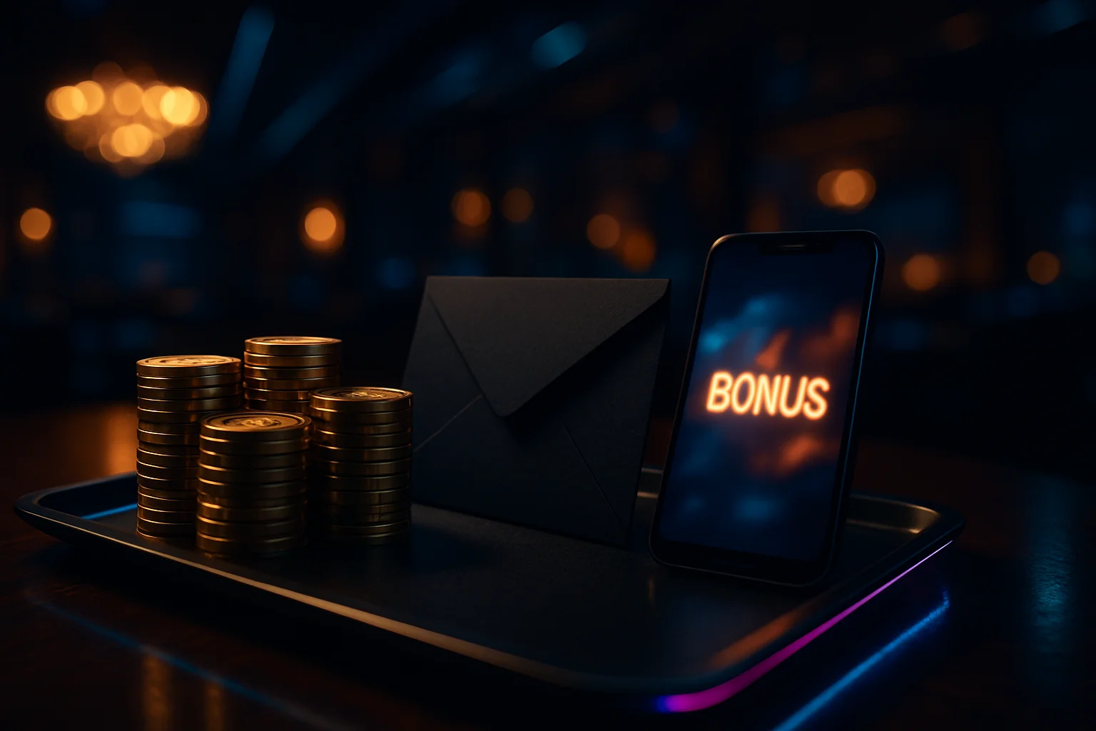 VIP casino bonus tray with golden chips, gift envelope, and smartphone