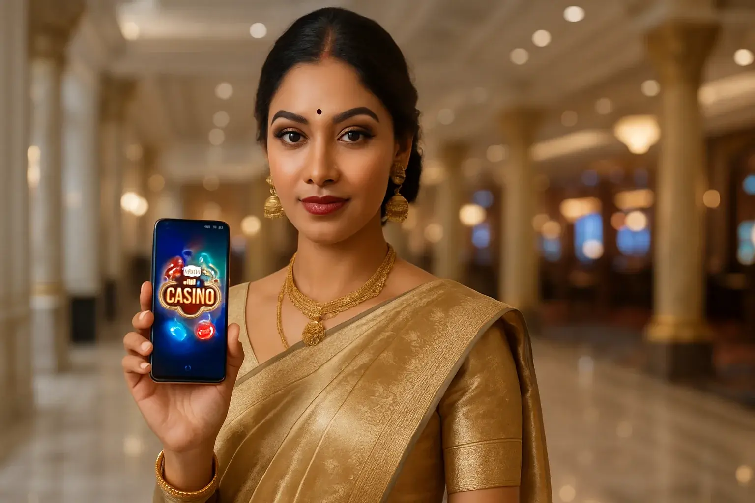 Glamorous Bangladeshi woman in silk saree holding glowing smartphone in casino hall