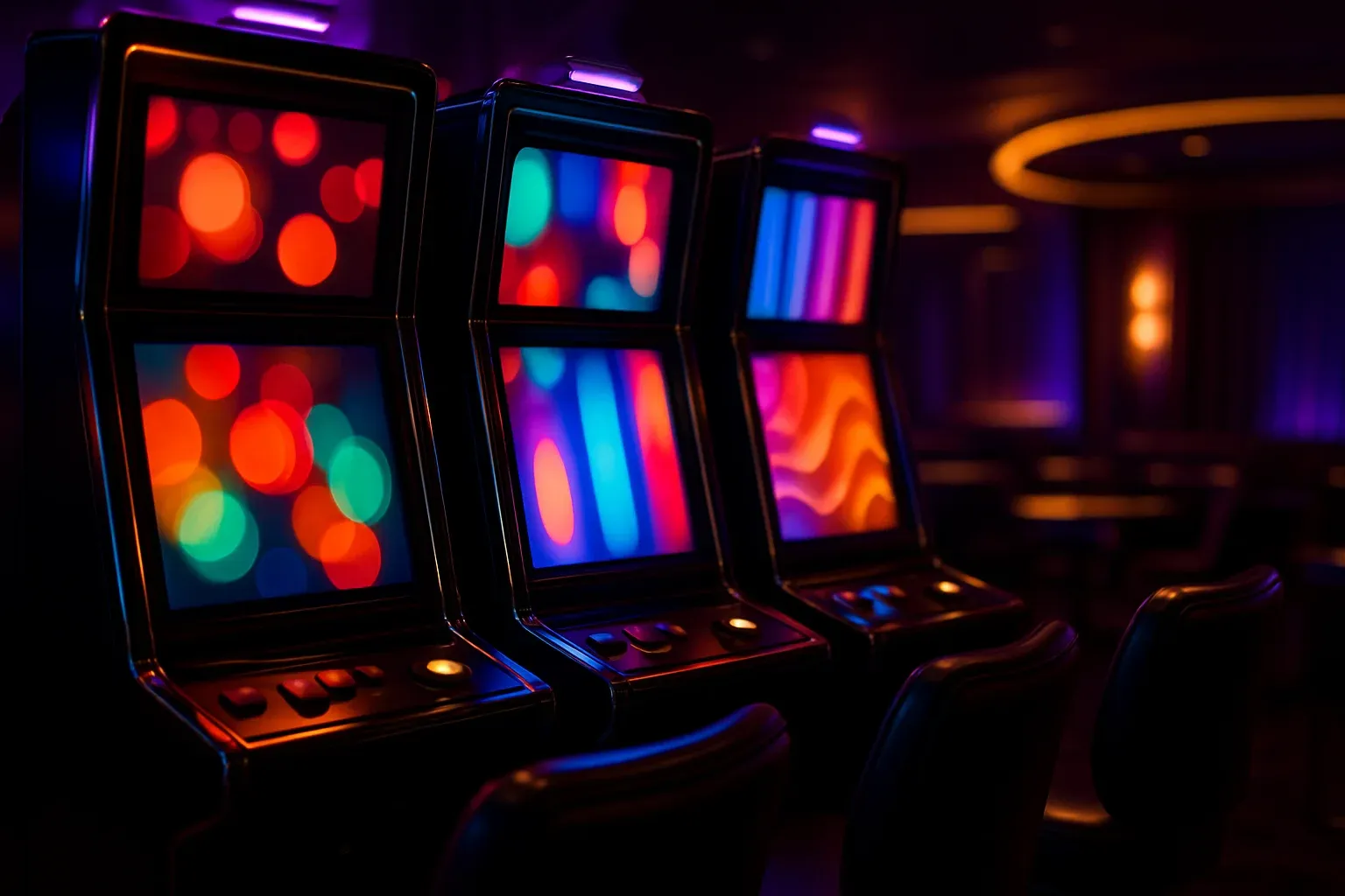 Ultra-realistic casino game screens glowing in neon-lit premium lounge