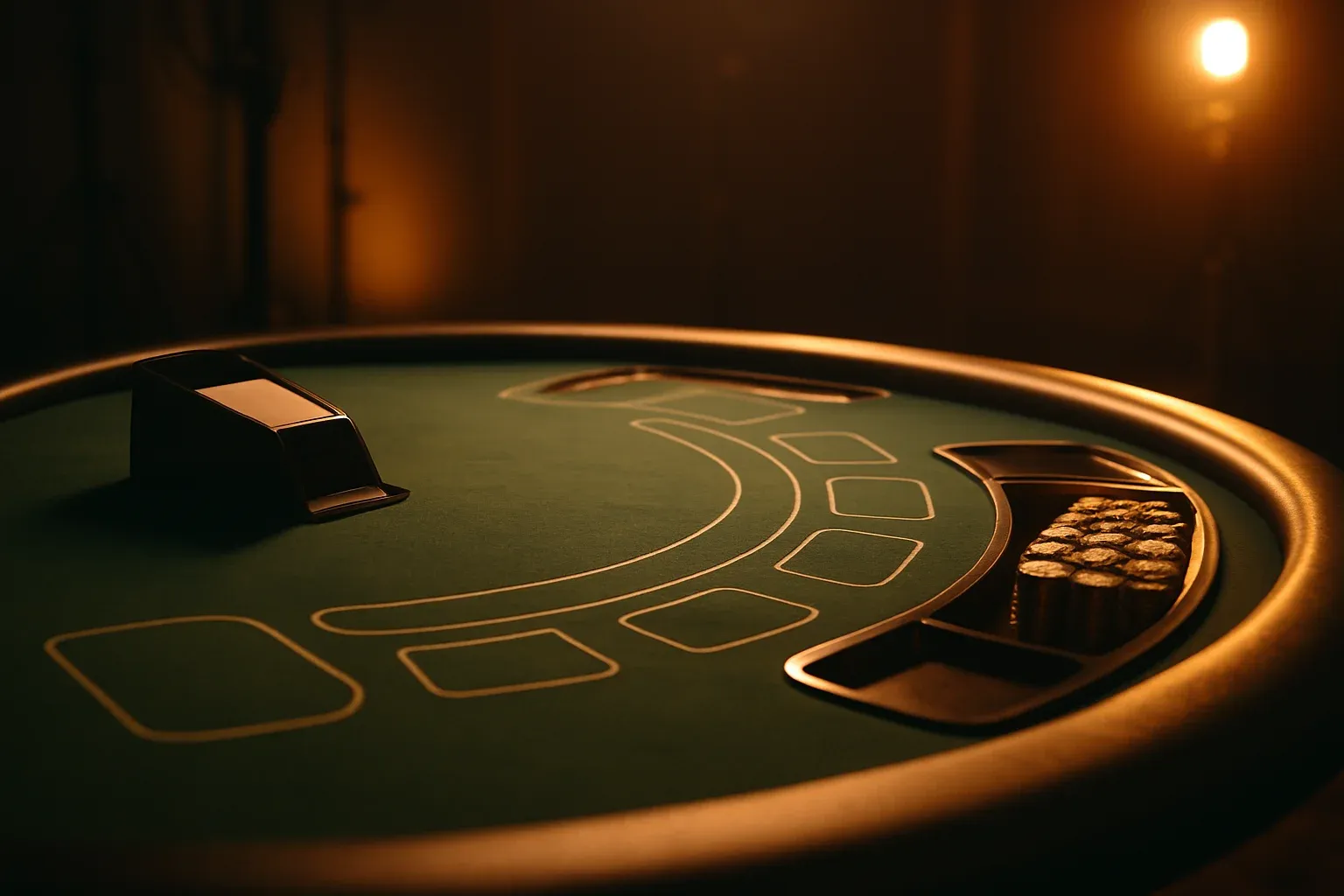 Ultra-realistic live blackjack table in premium casino studio with warm lighting