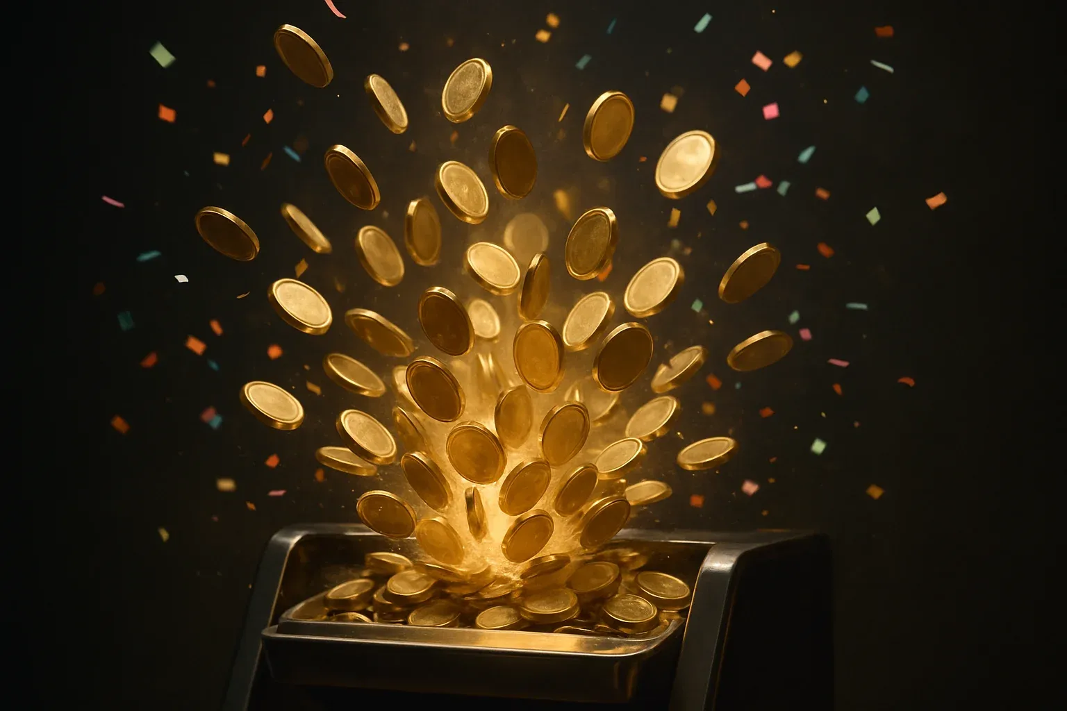 Golden coins bursting from slot machine tray with confetti in dark background